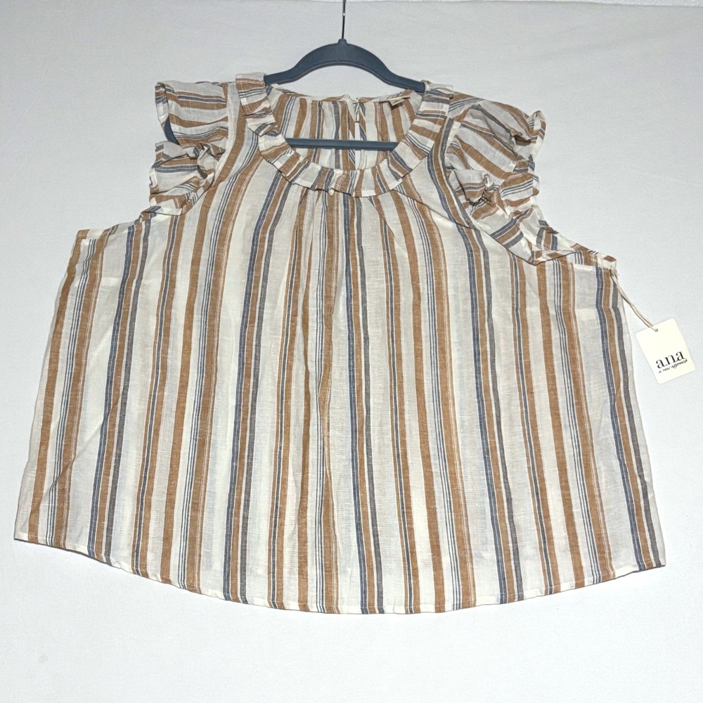 New a.n.a Striped Ruffle Sleeve Top Women 2X Brown Blue Linen Blend Flutter Neck